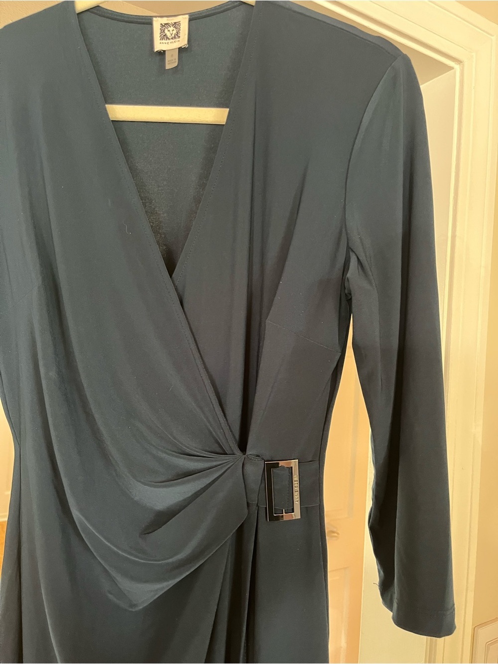 Anne Klein Wrap Midi Dress with Buckle, SIZE MEDIUM, Deep Green Blue - Picture 4 of 5